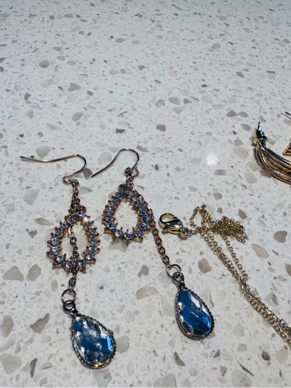 Blue Teardrop Crystal Drop Earrings Necklace Set